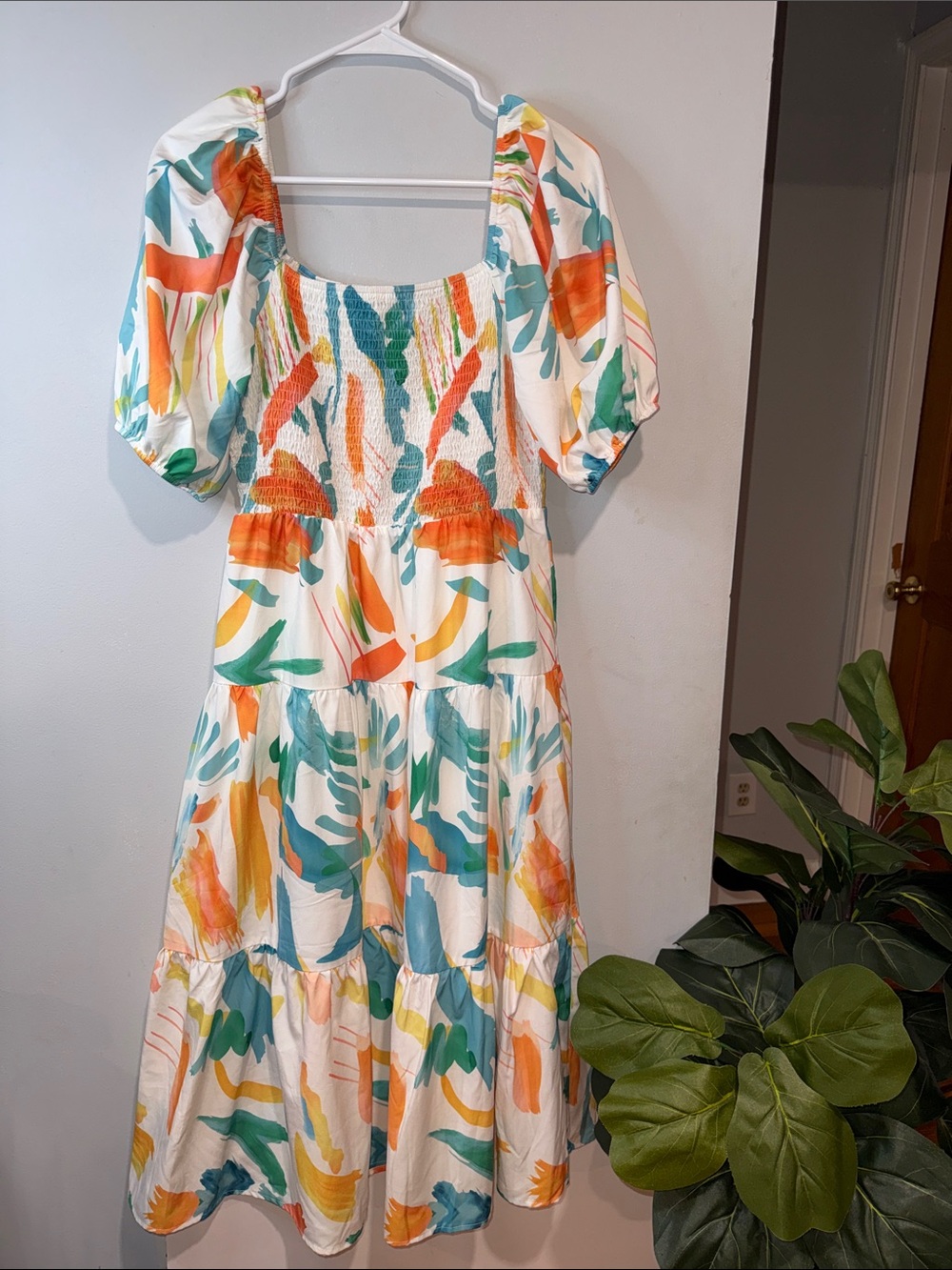 Smocked Puff-Sleeve Midi Dress in White with Orange & Teal Print